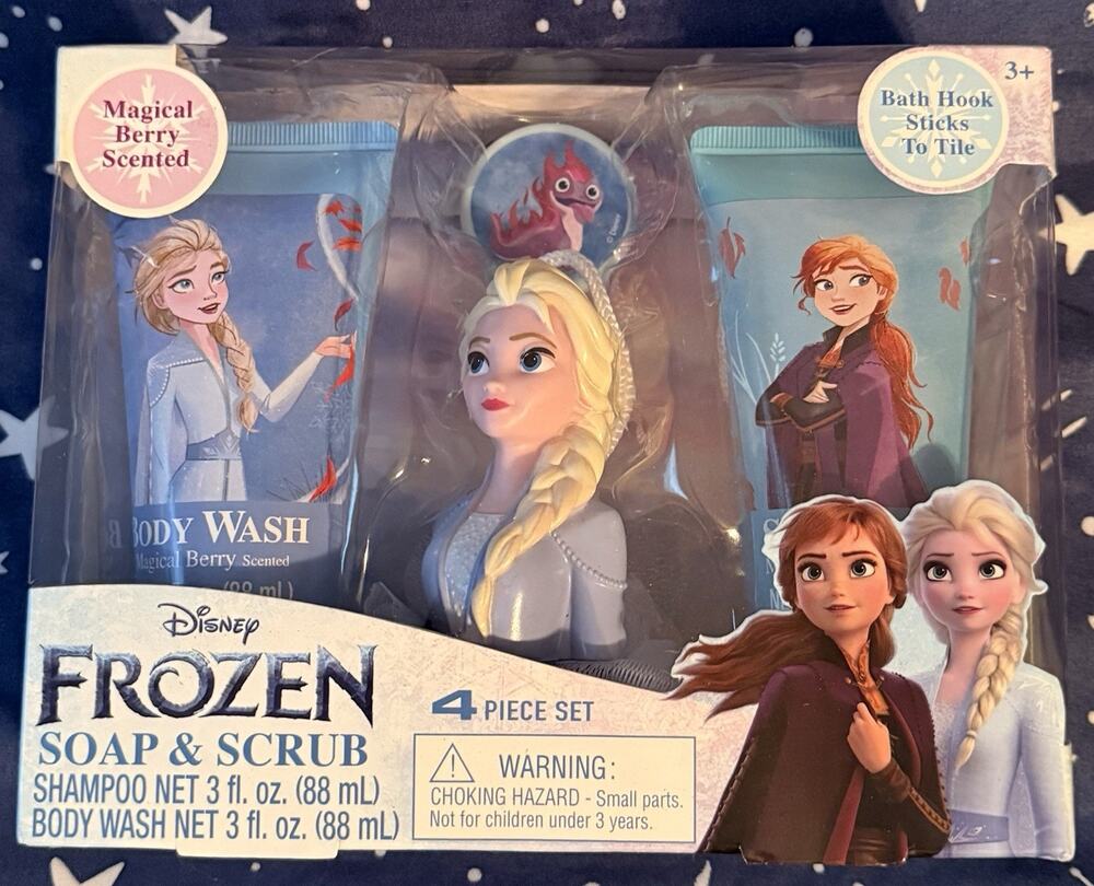 Disney Frozen Elsa Soap & Scrub Body Wash, Shampoo, Scrubby Bath Set w/Hook NIB